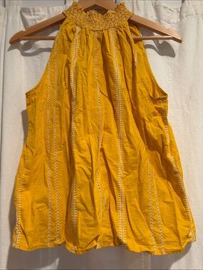 Calligraphie Eyelet Yellow Smocked Halter Neck Women's Size Medium 100% Cotton